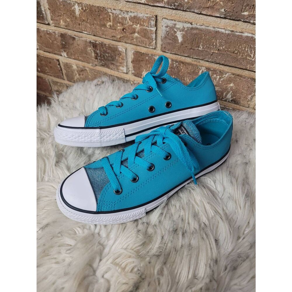 New Converse Chuck Taylor All Star Low Top Sneakers, Teal Leather/Shimmer, Girls
